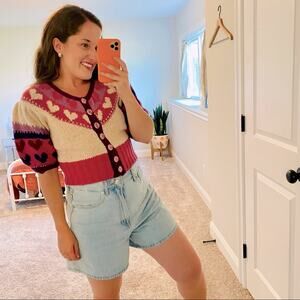 LoveShackFancy Cream Heart Alpaca Short Sleeve Cardigan Sweater XS